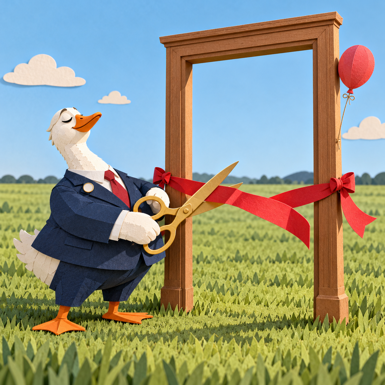 A cheerful paper-cut goose in a suit cuts a ceremonial ribbon across a freestanding doorway in an empty field, with no building behind it.