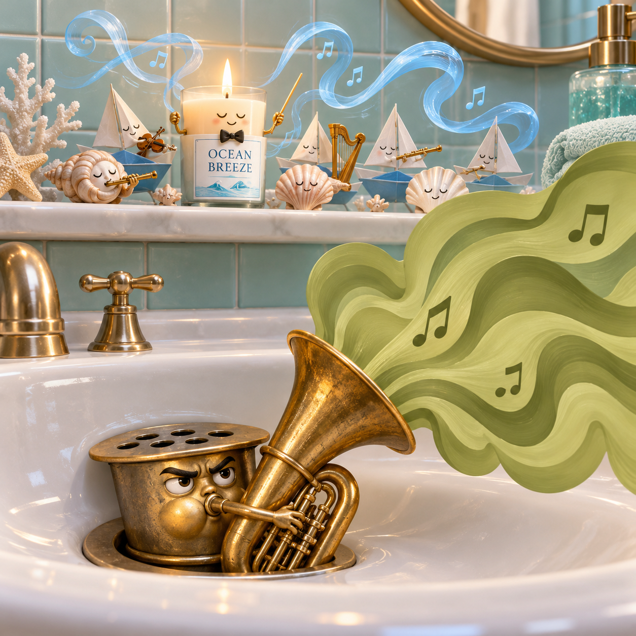 A tiny candle labeled Ocean Breeze tries to conduct a tranquil seaside orchestra while a bathroom drain plays an enormous off-key tuba.