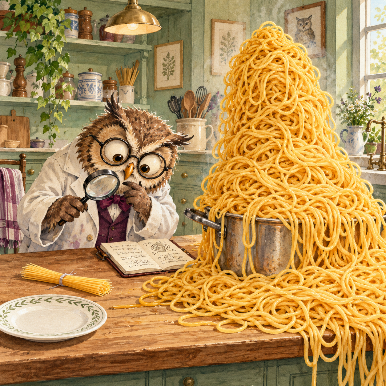A fictional owl professor studies a tiny bundle of dry spaghetti beside a saucepan overflowing with an enormous golden tangle of cooked pasta in an illustrated kitchen laboratory.