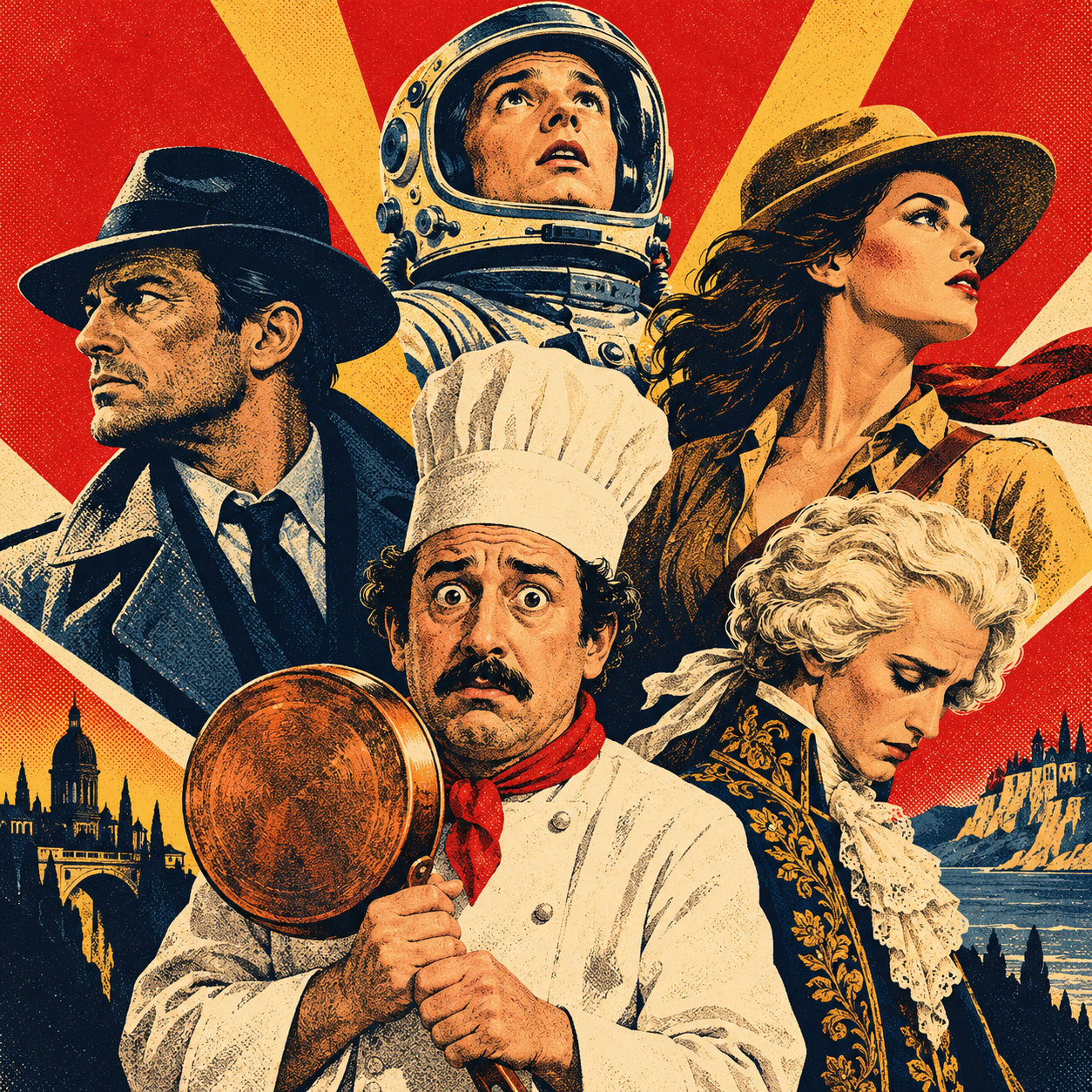 Five invented movie characters share a dramatic poster while looking in five incompatible directions, with no common threat in sight.