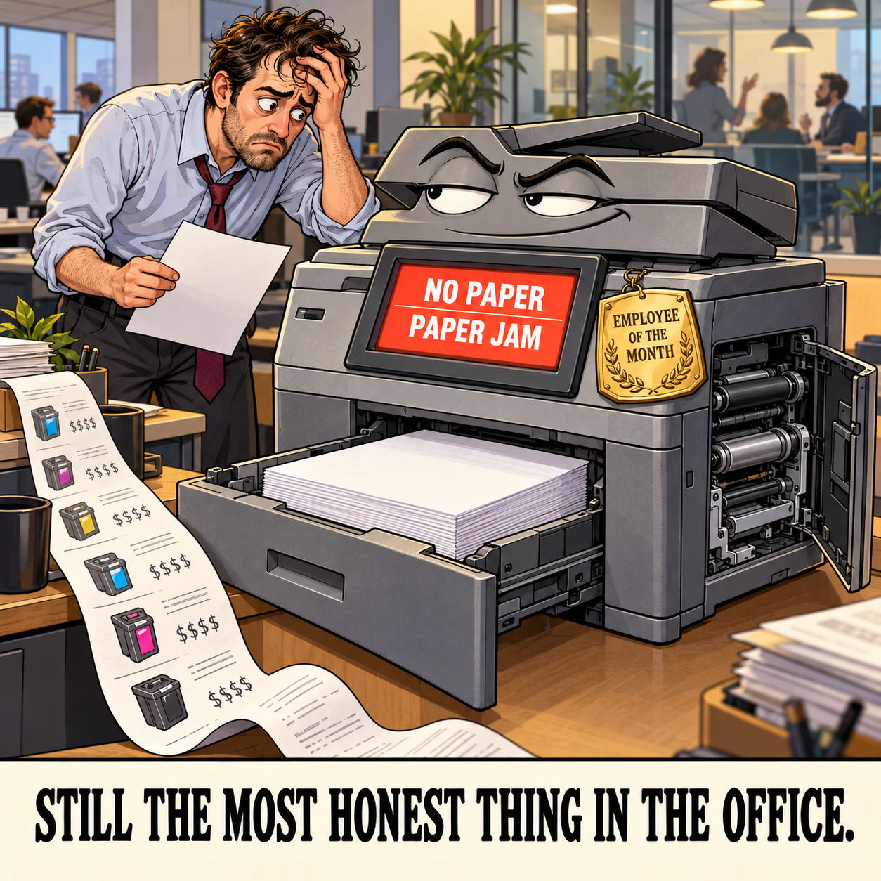 Cartoon of an exasperated office worker beside a smug printer displaying No paper and Paper jam despite a full tray. The printer wears an Employee of the Month badge above the caption Still the most honest thing in the office.