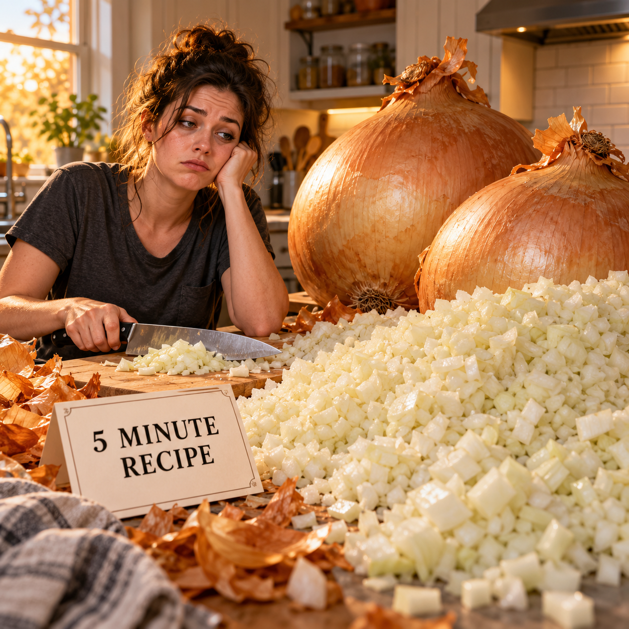 A dryly amused young adult cook faces two enormous onions, a mountain of chopped onion, and a five-minute recipe card in a stylized realistic kitchen scene.