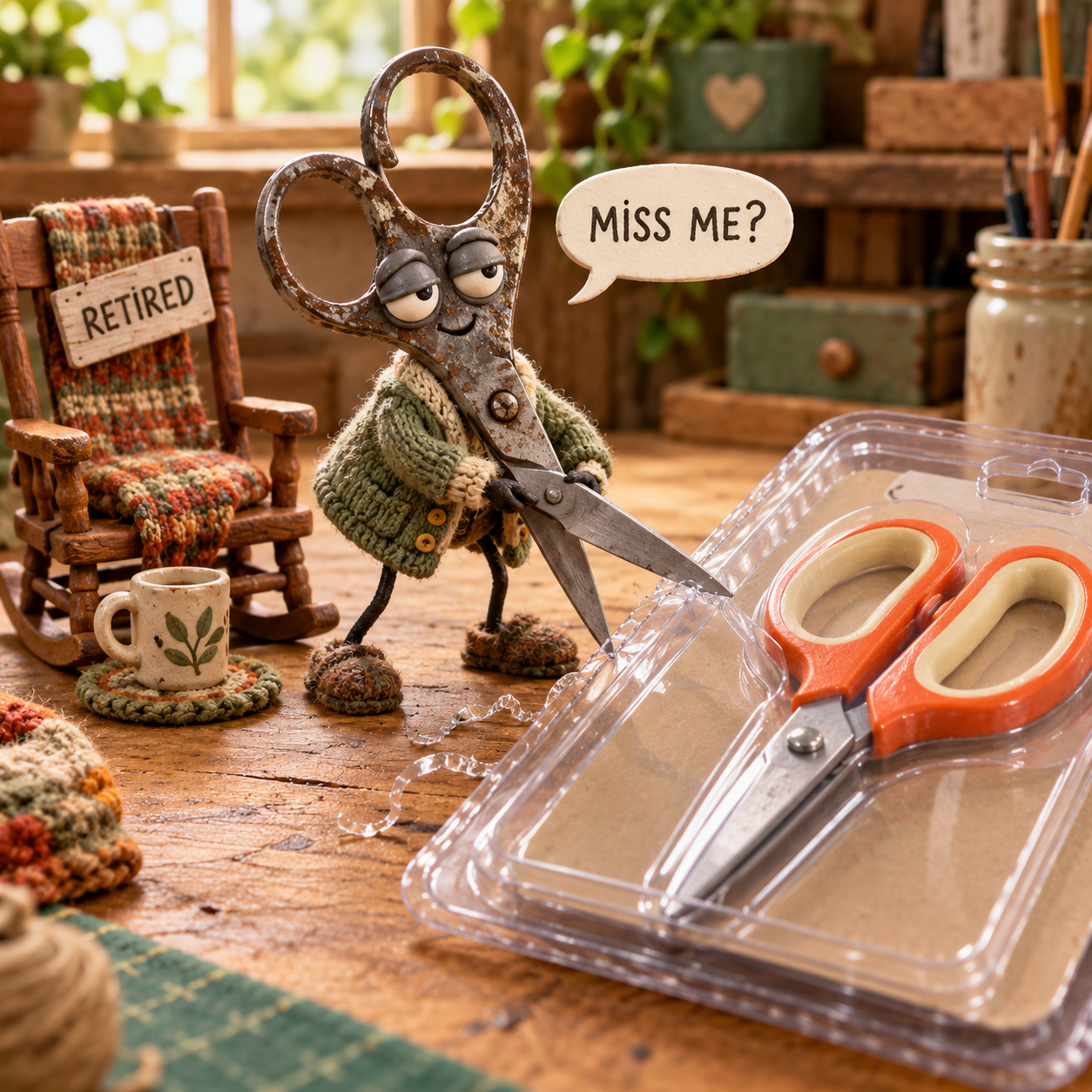 Handmade clay scissors are trapped inside a clear plastic package while a battered old pair in a cardigan returns from retirement to rescue them.
