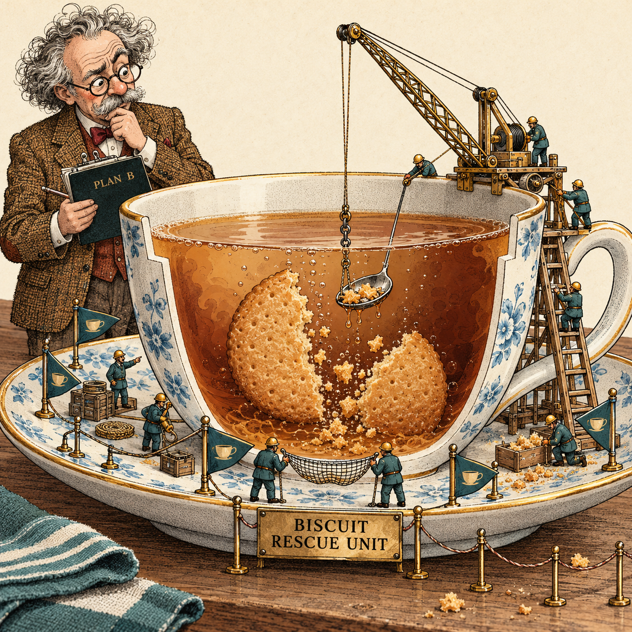 A mock academic tea-rescue operation uses a tiny teaspoon crane to recover a collapsing biscuit from a teacup, drawn as an elaborate vintage scientific cartoon.