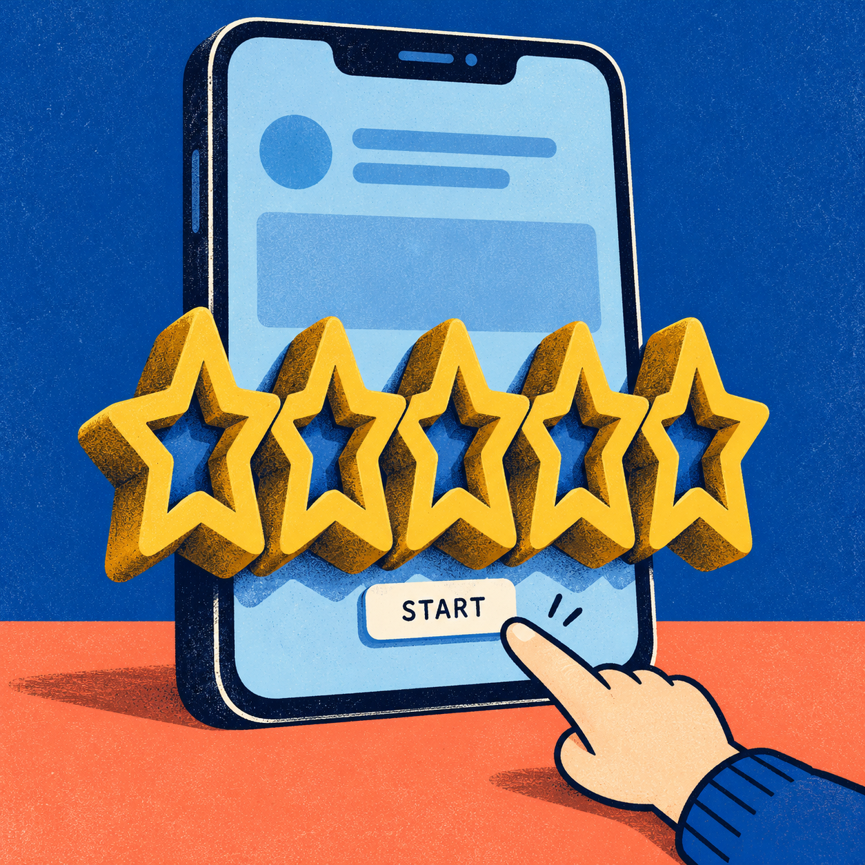 Five oversized hollow golden rating stars crowd the screen of an invented phone app above a small START button, with a cartoon fingertip trying to begin.