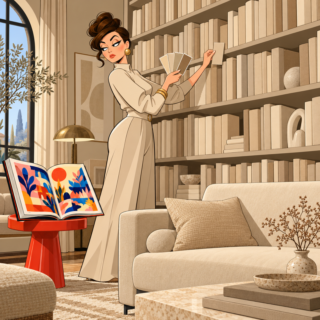 An invented interior-design scene shows an enormous beige bookcase being matched to a beige sofa while a colorful open book is set aside.