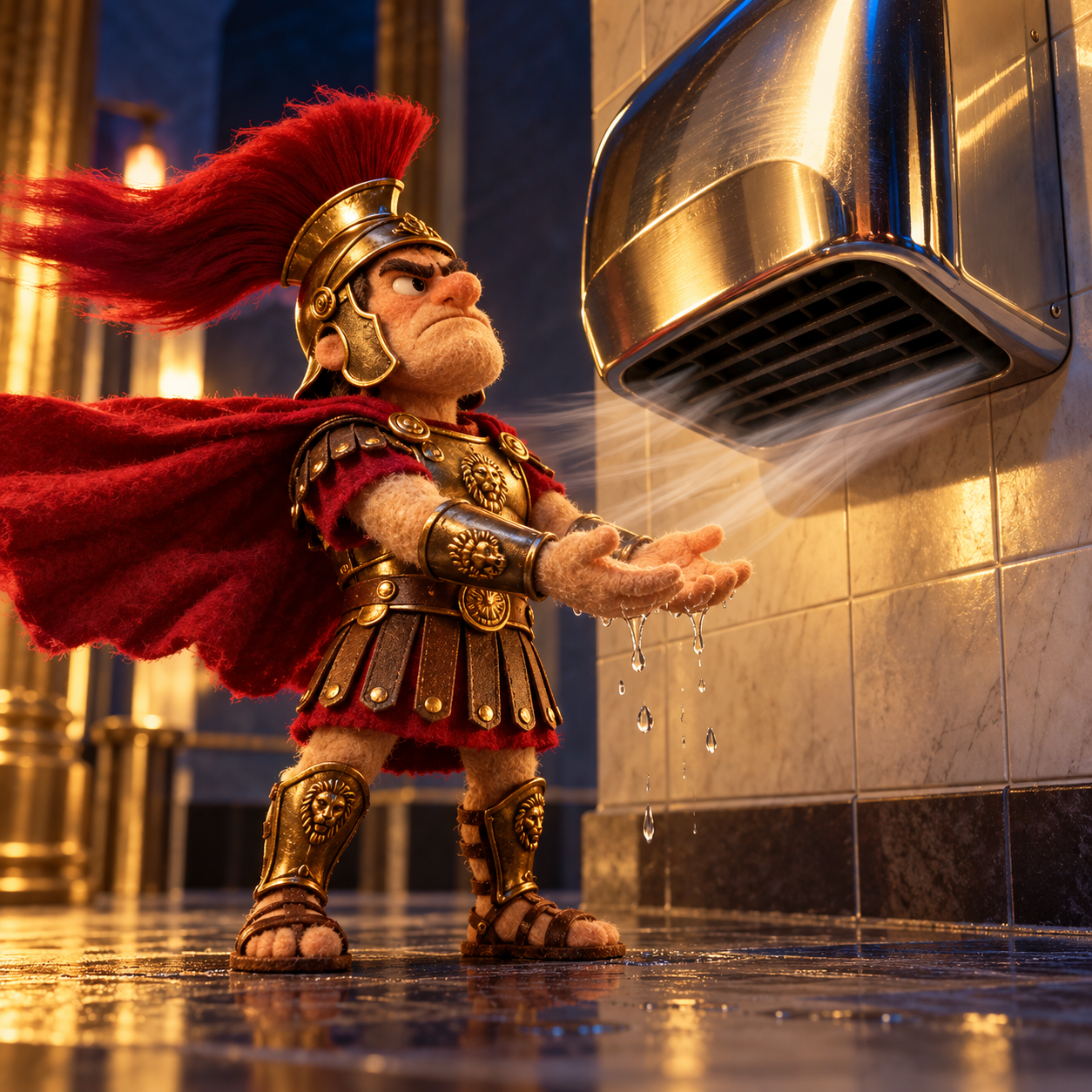 A fictional Roman warrior holds dripping hands beneath a thunderously overpowered-looking hand dryer while his cape flaps uselessly behind him.