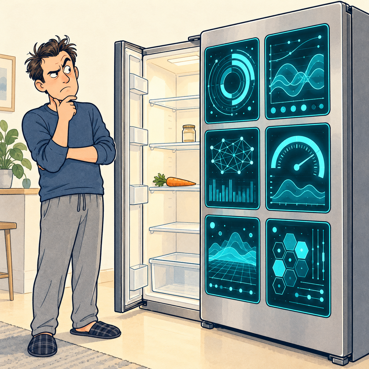 A fictional refrigerator displays six elaborate charts while its puzzled owner looks at a lone carrot and jar on nearly empty shelves.