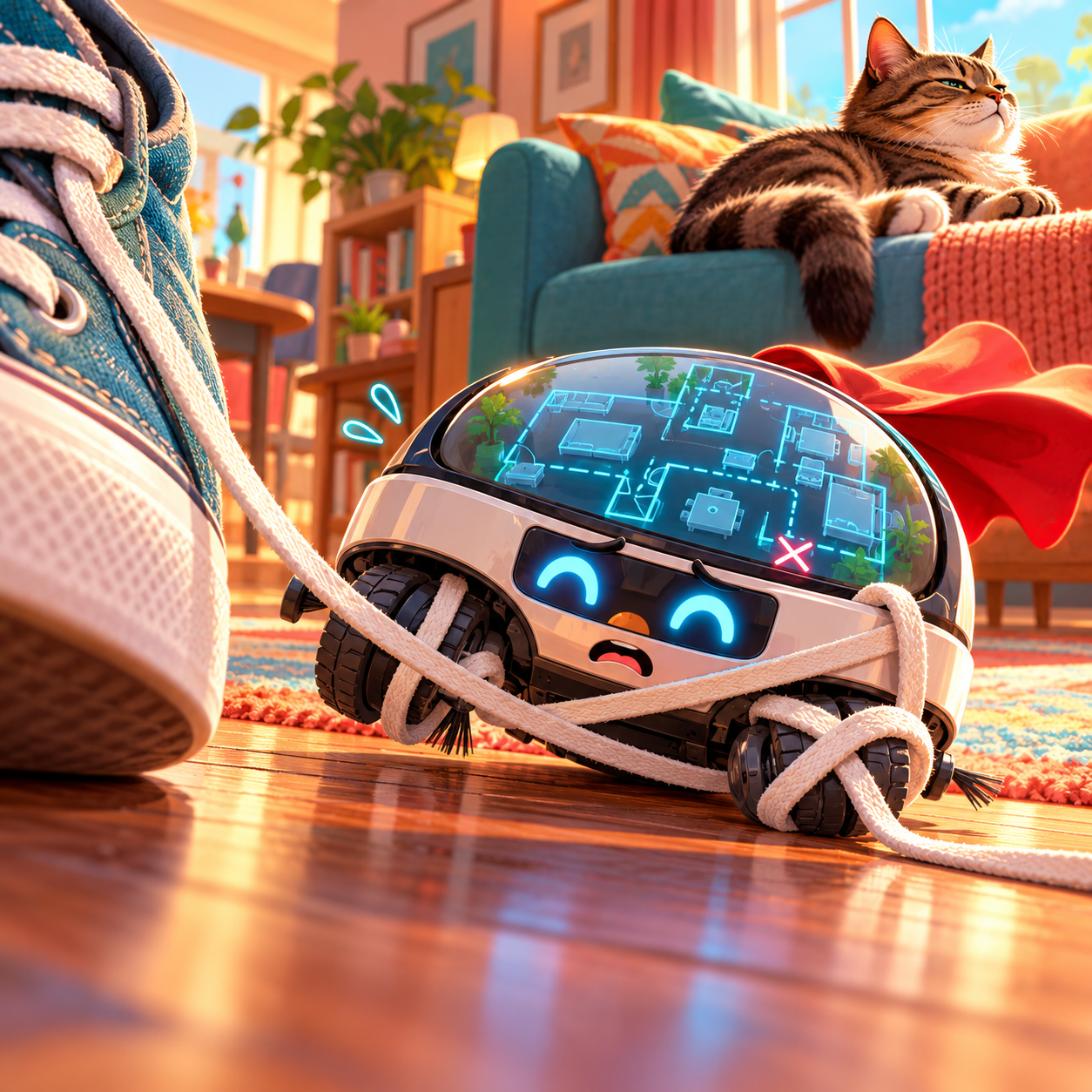 An imaginary caped robot vacuum is tangled in a sneaker shoelace while an unimpressed cat looks away from its elaborate navigation map.