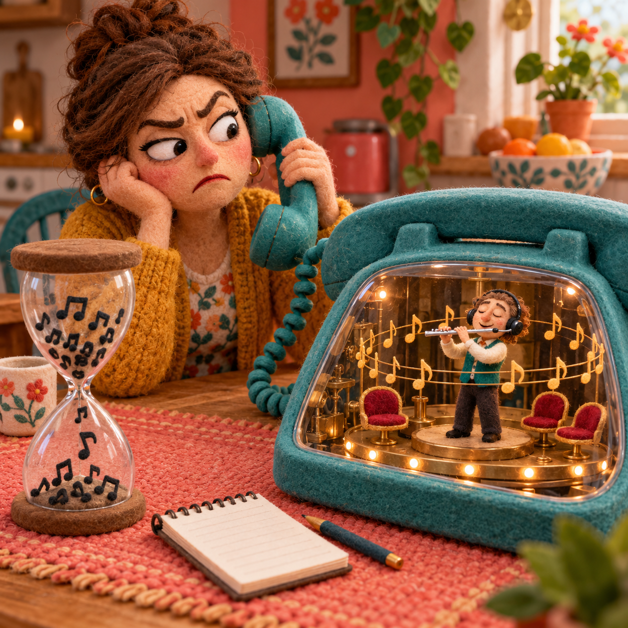 A handmade felt comedy scene shows a weary caller waiting while a tiny flutist with a headset performs inside an oversized telephone.