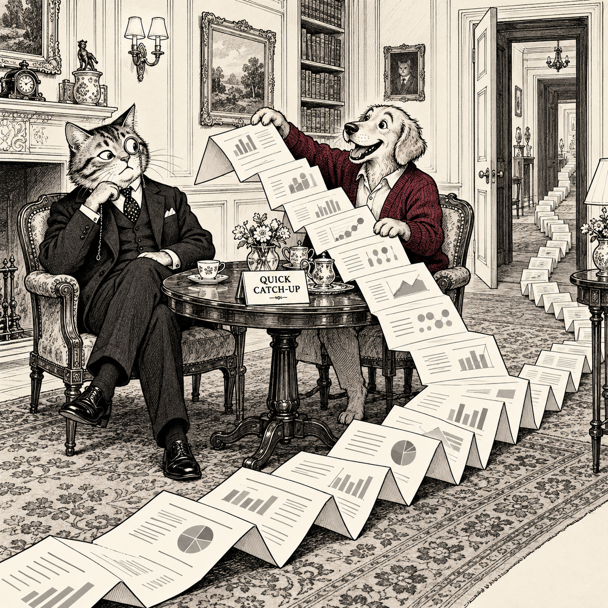 A formally dressed cat discovers that a supposedly quick chat conceals an enormous accordion of presentation slides carried by a cheerful cardigan-wearing colleague.