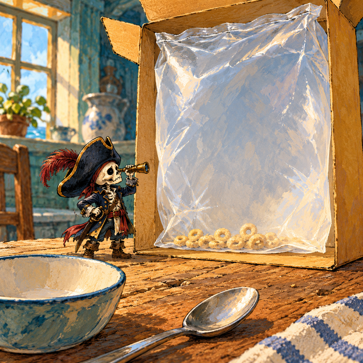 A tiny skeletal pirate inspects a few cereal rings beside an enormous plain cereal box whose inflated inner bag towers above his breakfast bowl.