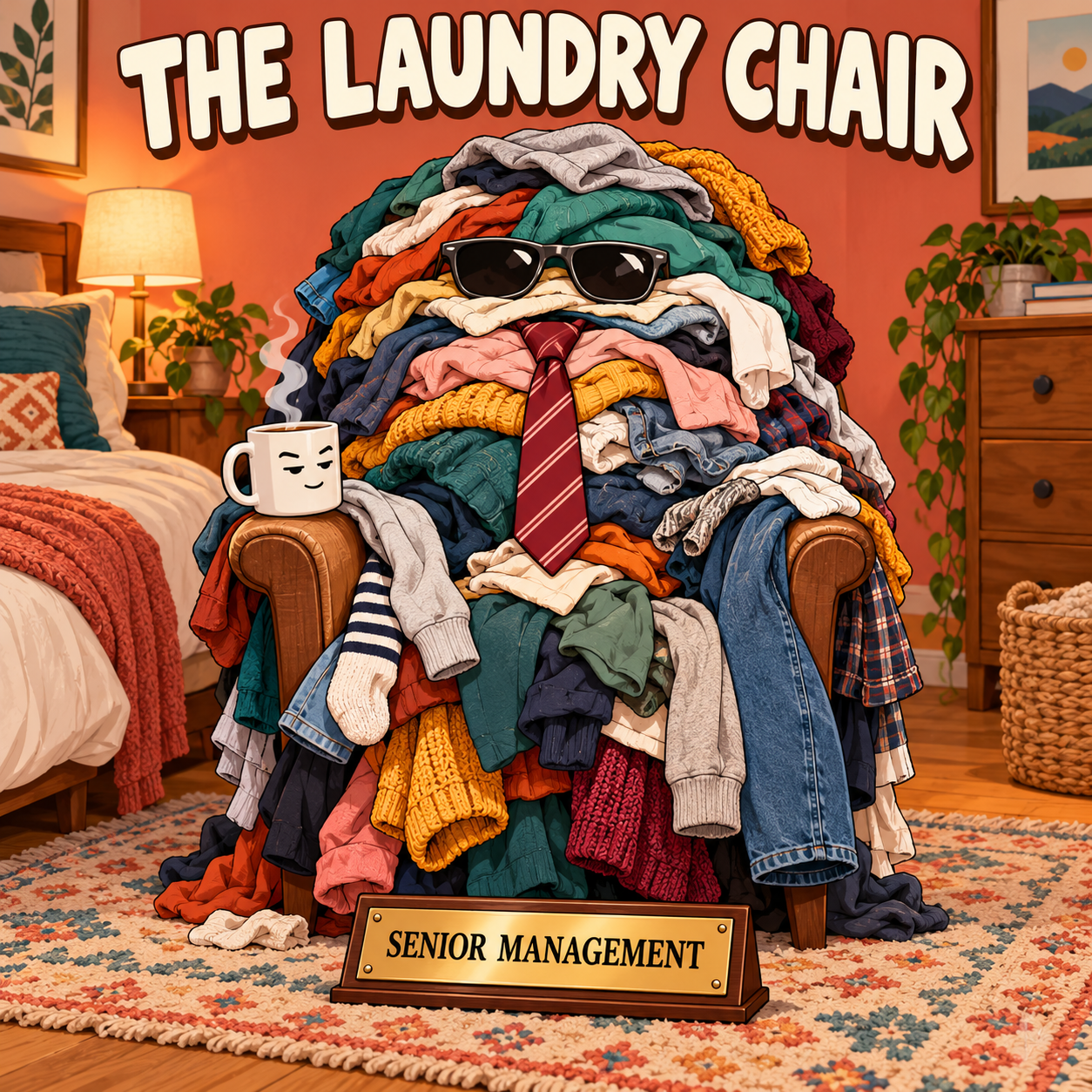 A bedroom chair buried under laundry wears a tie and sunglasses behind a Senior Management nameplate.
