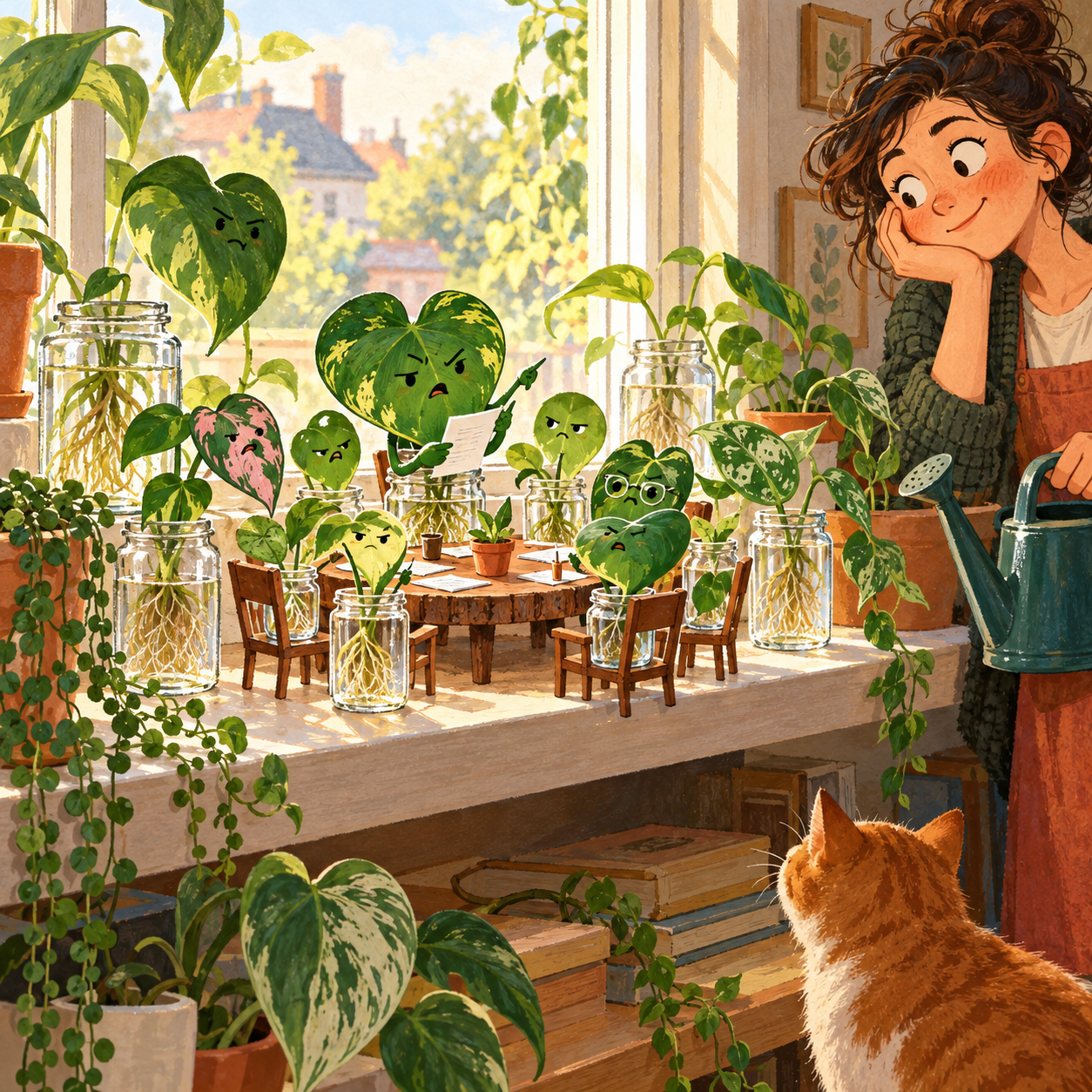 A windowsill crowded with rooted plant cuttings becomes a tiny committee meeting. A bemused gardener waits beside a watering can while the plants confer.