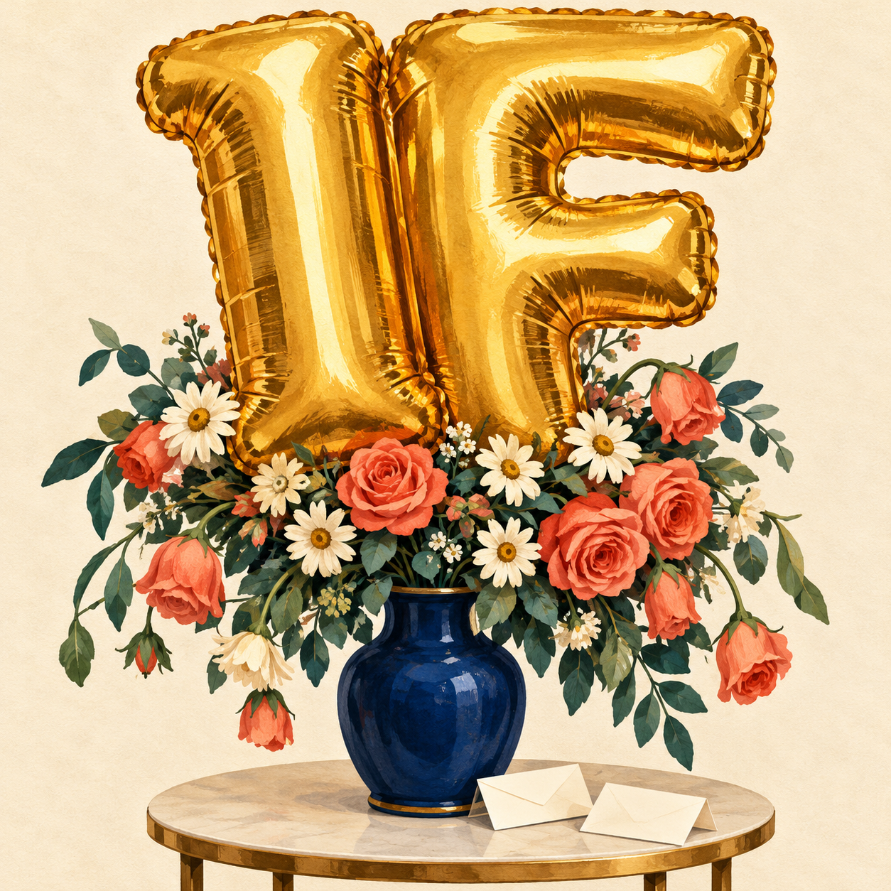 An invented editorial illustration shows a beautiful bouquet in a blue vase dwarfed by a huge gold balloon spelling IF, turning a conditional apology into a visual joke.
