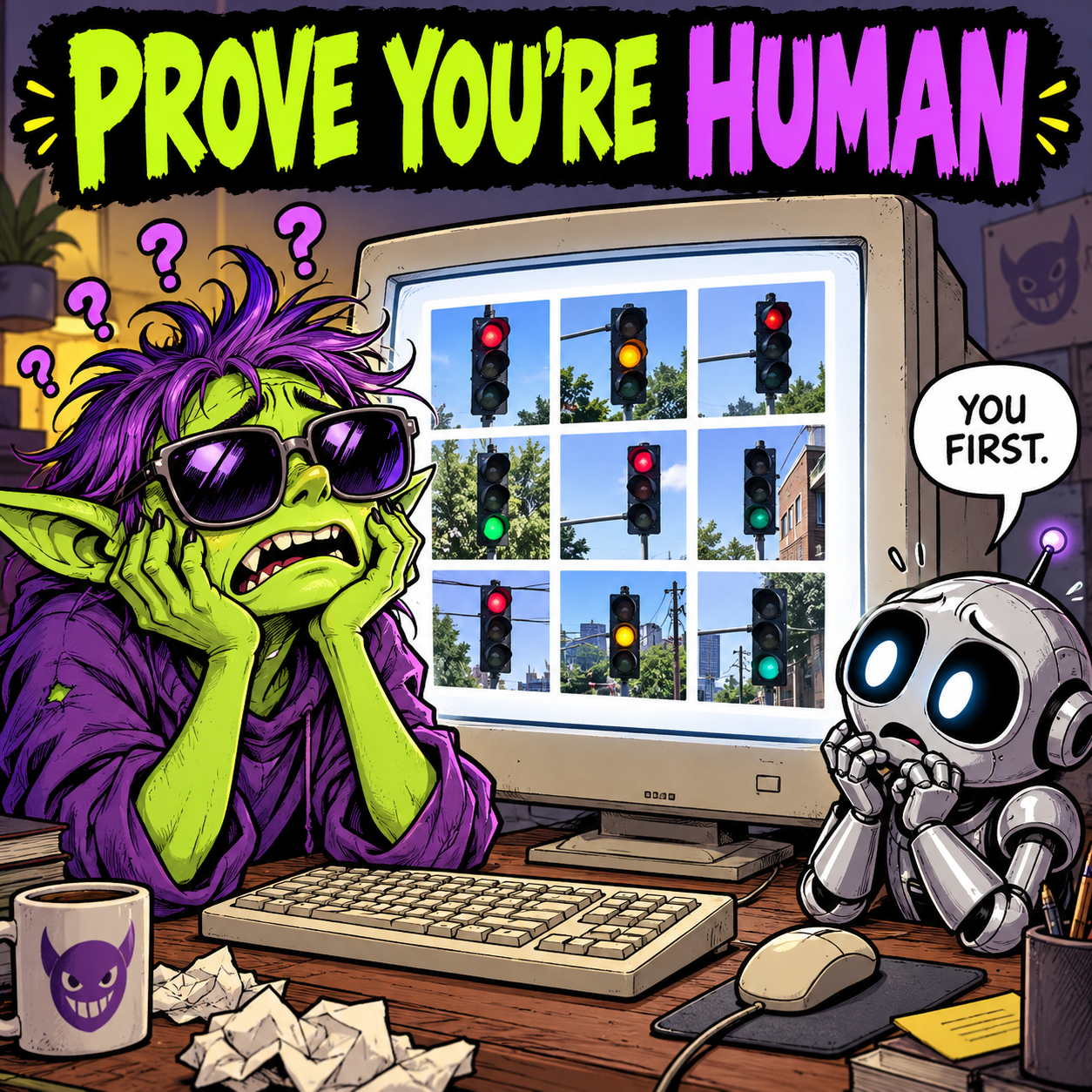 A confused green goblin and a worried robot face a huge traffic-light CAPTCHA that says prove you are human.