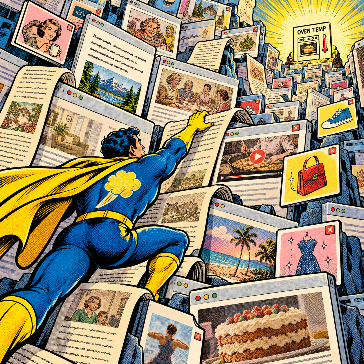 A fictional superhero fights through towering recipe-page pop-ups and a long family memoir to reach a tiny oven-temperature card.