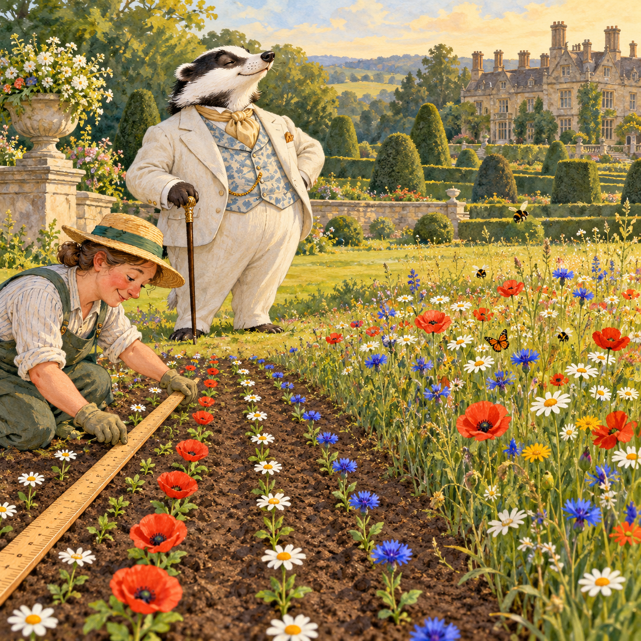 A fictional aristocratic badger watches a gardener use a ruler to space wildflowers into rigid rows on a grand estate.