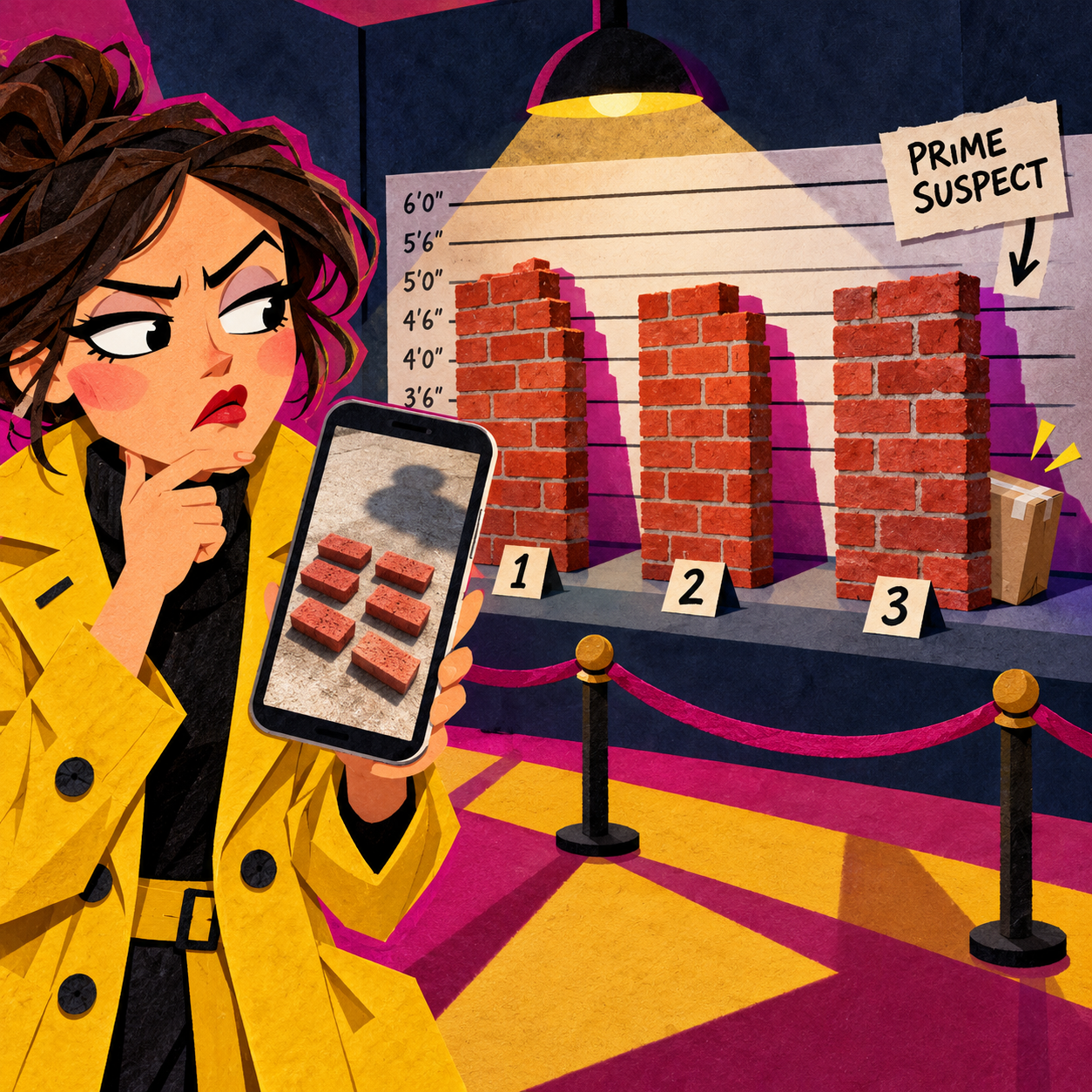 A fictional parcel detective studies a delivery photo showing six identical bricks and a shadow while an ordinary brick wall stands in a police-style lineup.