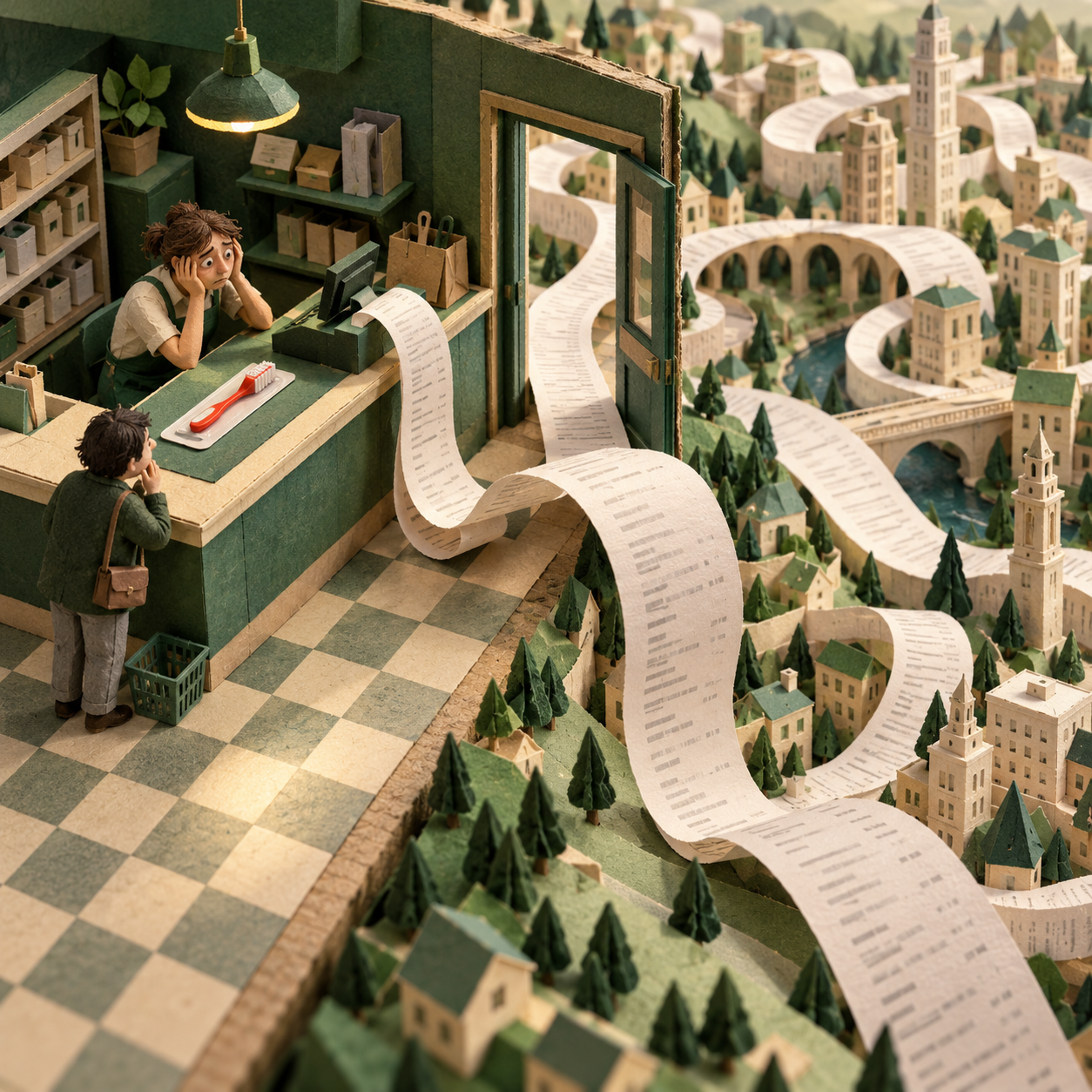 A handmade paper miniature shows a single toothbrush beside a checkout receipt that unrolls into an entire tiny city.
