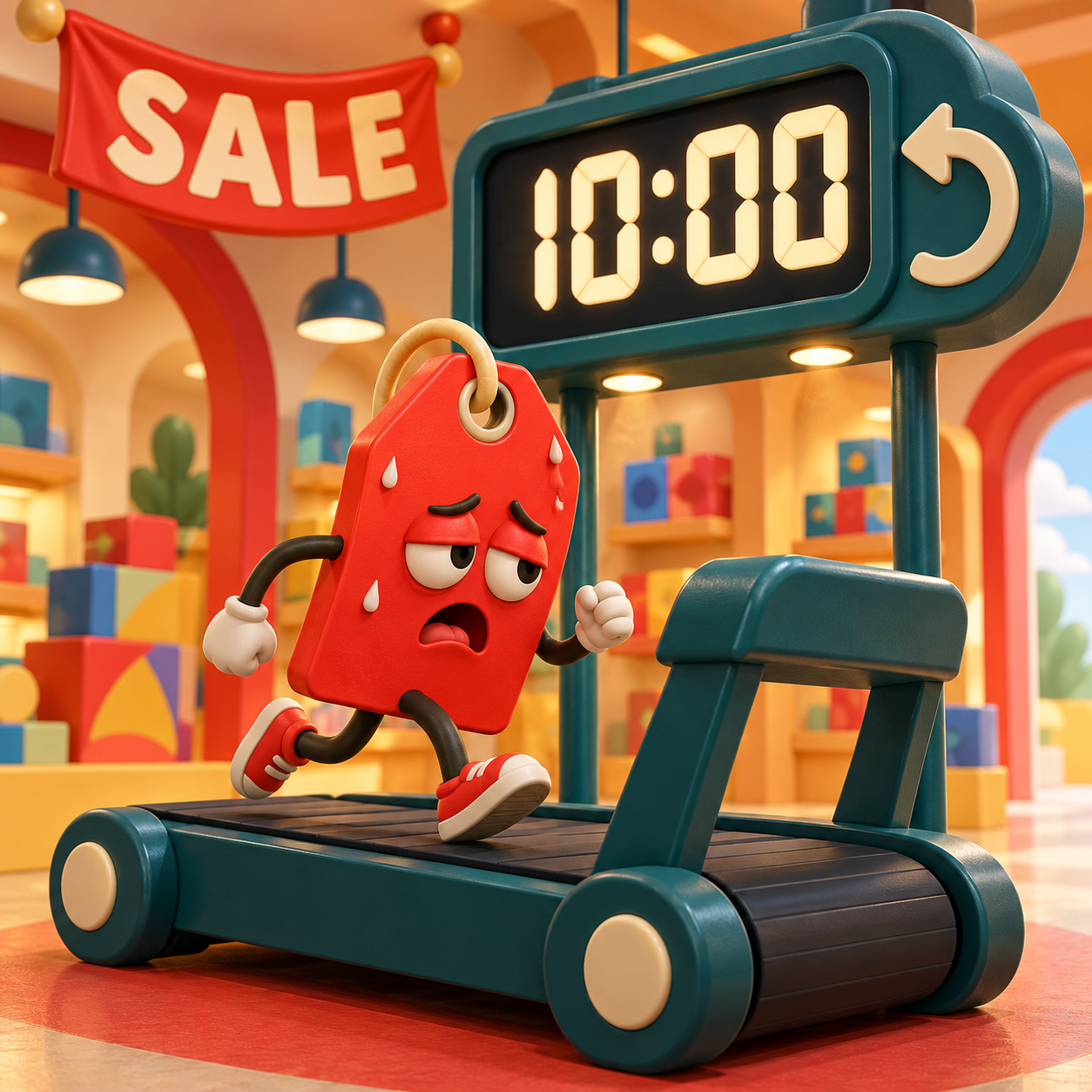 A weary fictional red sale-tag character runs on a treadmill beneath a giant countdown clock reading 10:00 in a bright illustrated shop, turning limited-time urgency into an endless shift.